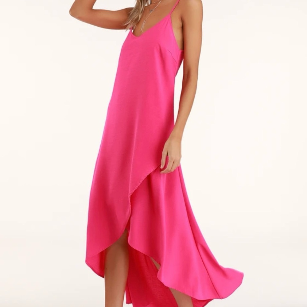 Lulu’s Sweet Surprise Bright Pink High-Low Maxi Dress Sleeveless V-Neck Size S